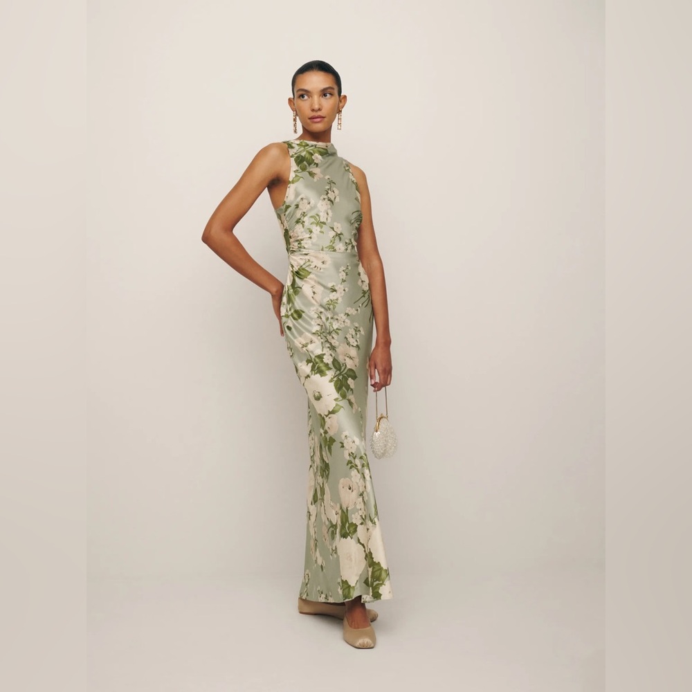 Reformation Anaiis Silk Dress Tarragon Sage Green and Cream Floral Maxi Dress